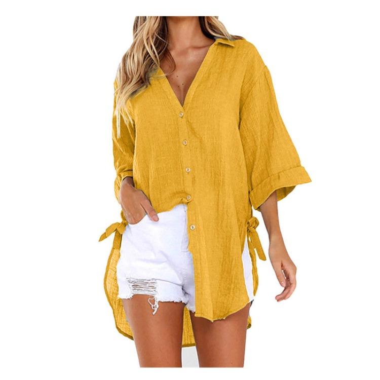 Women Casual Long Sleeve Shirt Loose Lace-up Button Lapel Side Knotted Top