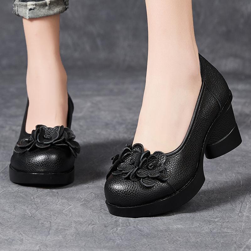 Mode GKTINOO 2025 Frühling Neu Ethnischer Stil Runde Zehe Hohe Absätze Schuhe Blume Plateau Retro Echtes Leder Pumps Damenschuhe