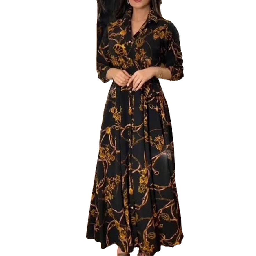 2025 Elegantes langes Robenkleid mit französischem Retro-Print für Frühling und Herbst - Neue modische muslimische Damenbekleidung