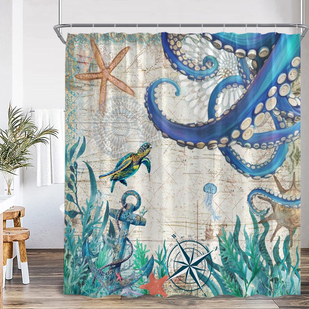 Octopus Nautical Shower Curtain Ocean Animal Wave Marine Life Map Vintage Bathroom Decor Sea Kid Child Bath Curtain With Hook