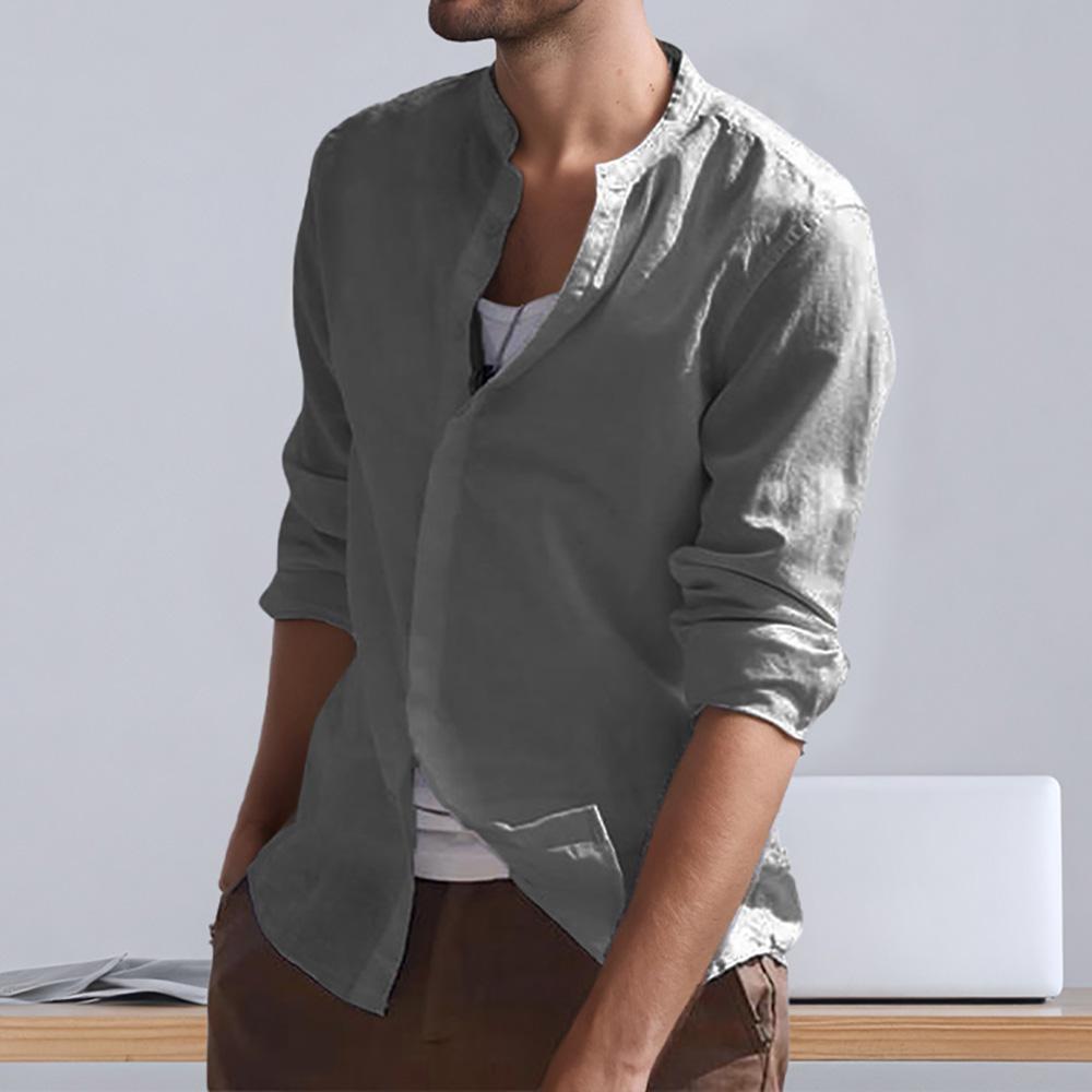 

Мужская рубашка из хлопка и льна, однотонная, с воротником-хенли, повседневная, деловая, базовый стиль, облегающая, однобортная, легкая XXXL