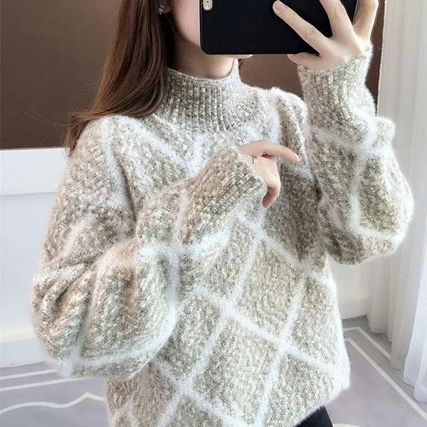 Pullover mit halbem Stehkragen, Nerzimitat, Samt, verdickte Pullover für Damen, Herbst und Winter, lockere, lässige Strickpullover