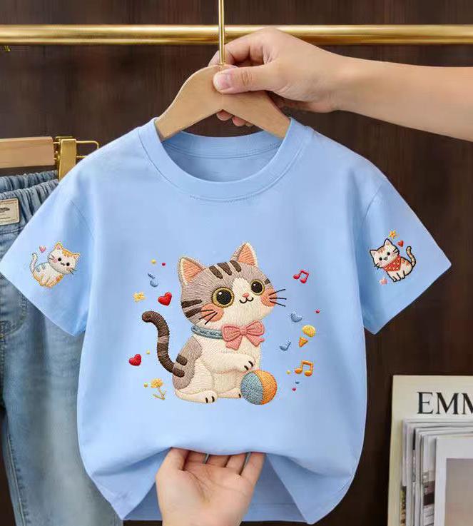 2026 Summer Children's Short-Sleeved Cute Cartoon Cat Print Baby Soft Cotton Multi-Purpose Loose-Fitting Breathable T-Shirt