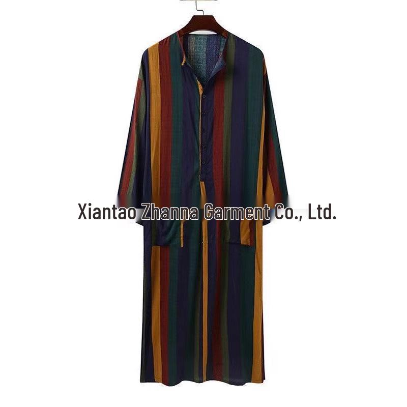 Men's Striped Muslim Long Robe Jumpsuit Tang Suit with Stand-up Collar