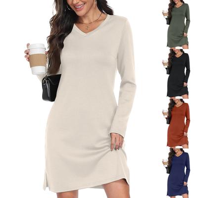 Women's Fashion Casual Long Sleeve V-Neck T-Shirt Dress Side Slit Solid Color Dress