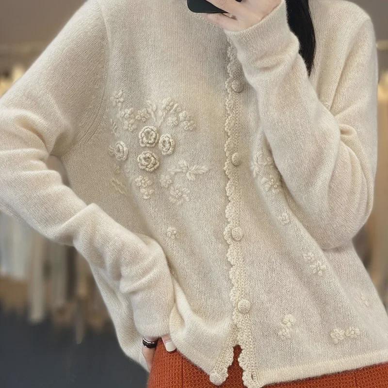 Women's European Round Neck Rose Cashmere Cardigan - Early Spring Heavy Knit Sweater Jacket
