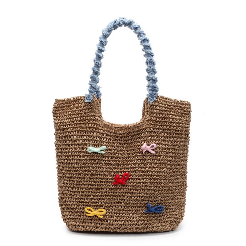 Hand-woven portable basket woven bag cartoon multicolored bow wind shoulder portable tote bag