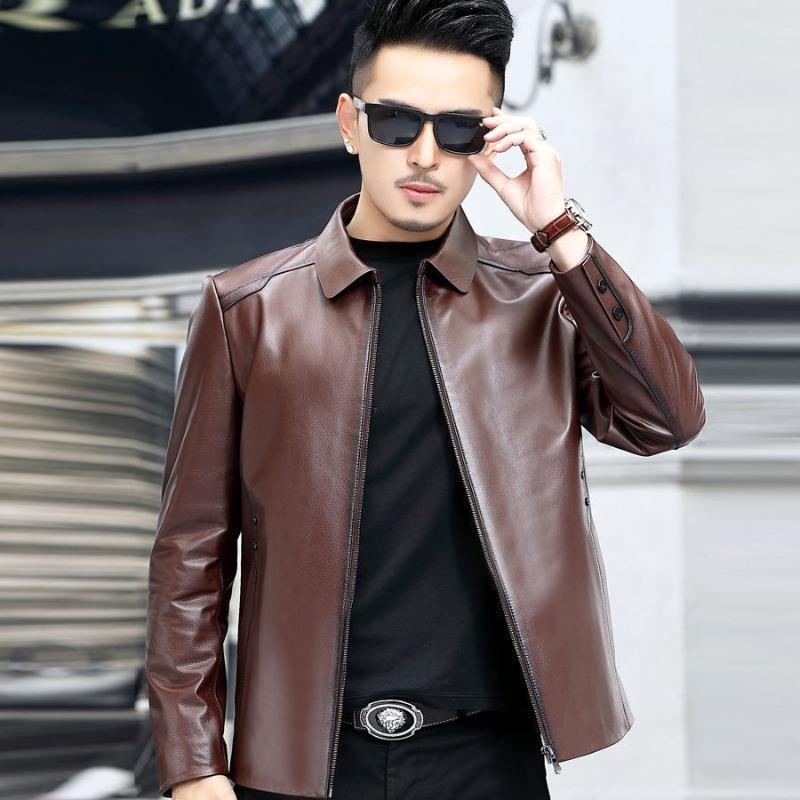Spring and Autumn new style first-layer soft cowhide middle-aged genuine leather jacket men's lapel Korean style slim leather jacket