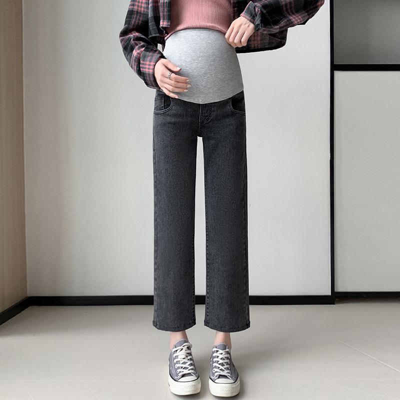 2026 Spring and Autumn Maternity Jeans for Outerwear, High-Waisted, Belly Support, Cropped Straight-Leg Slimming Pants
