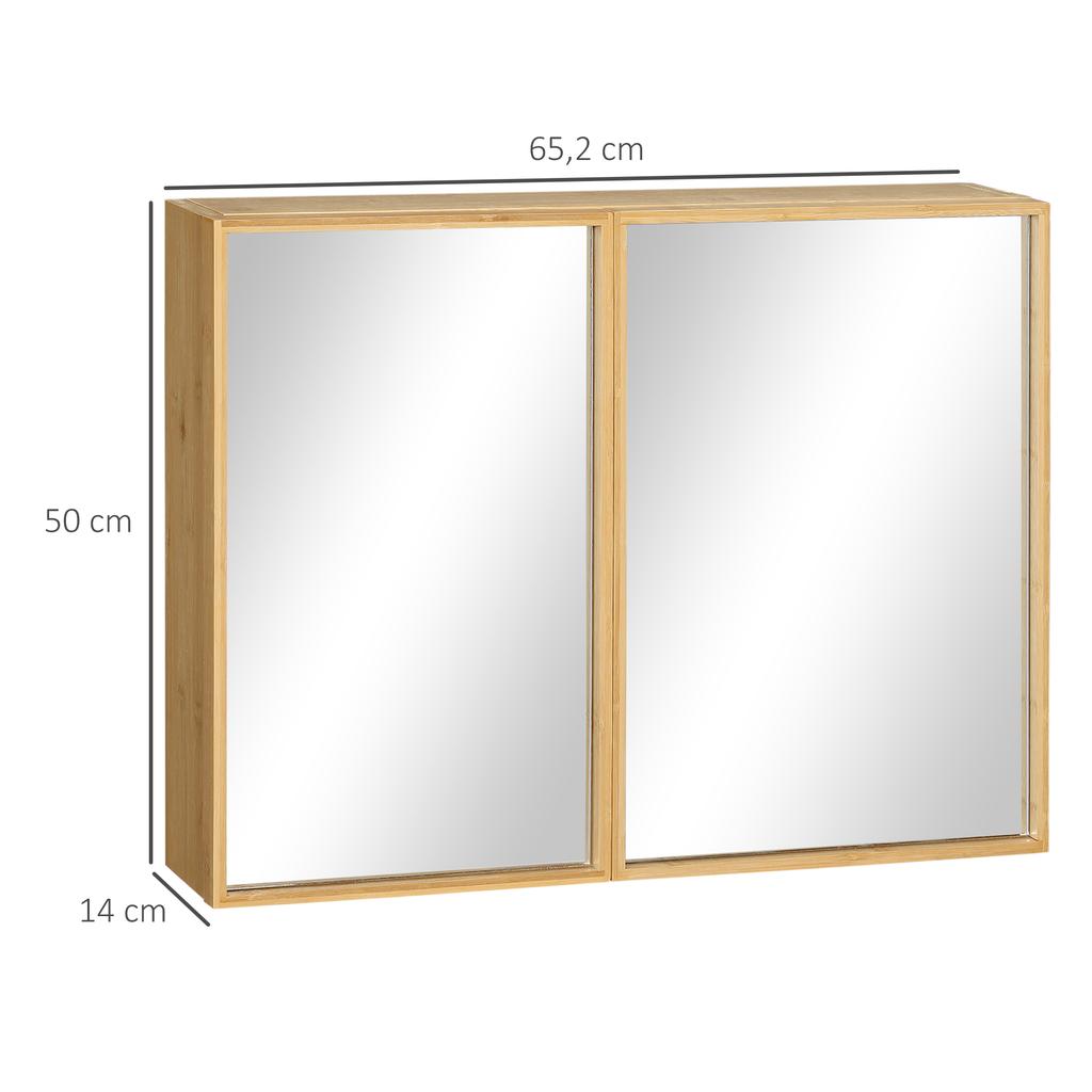 Bathroom Cabinet With Mirror Doors Multiple Interior Compartments Robust Housing Made Of Bamboo Wood 65.2 X 14 X 50 Cm
