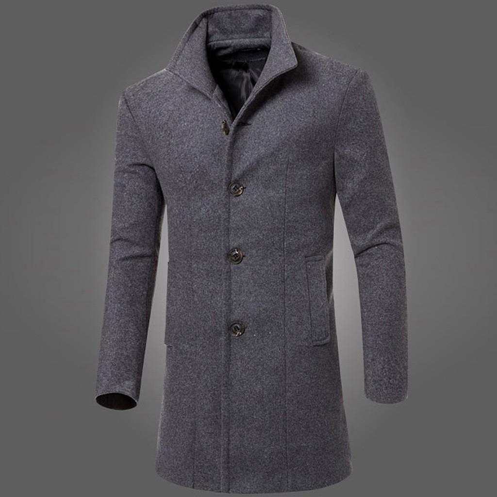Men Jacket Warm Winter Trench Long Outwear Button Smart Overcoat