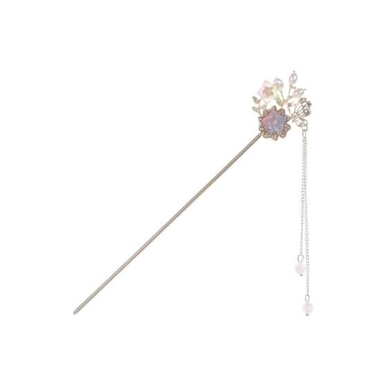 Kanzashi Haarstab mit Kirschblüten- und Perlenanhänger - Messing, Blumenmuster, Hängende Akzente, Elegantes Design für Kimono, Yukata, Japanisch
