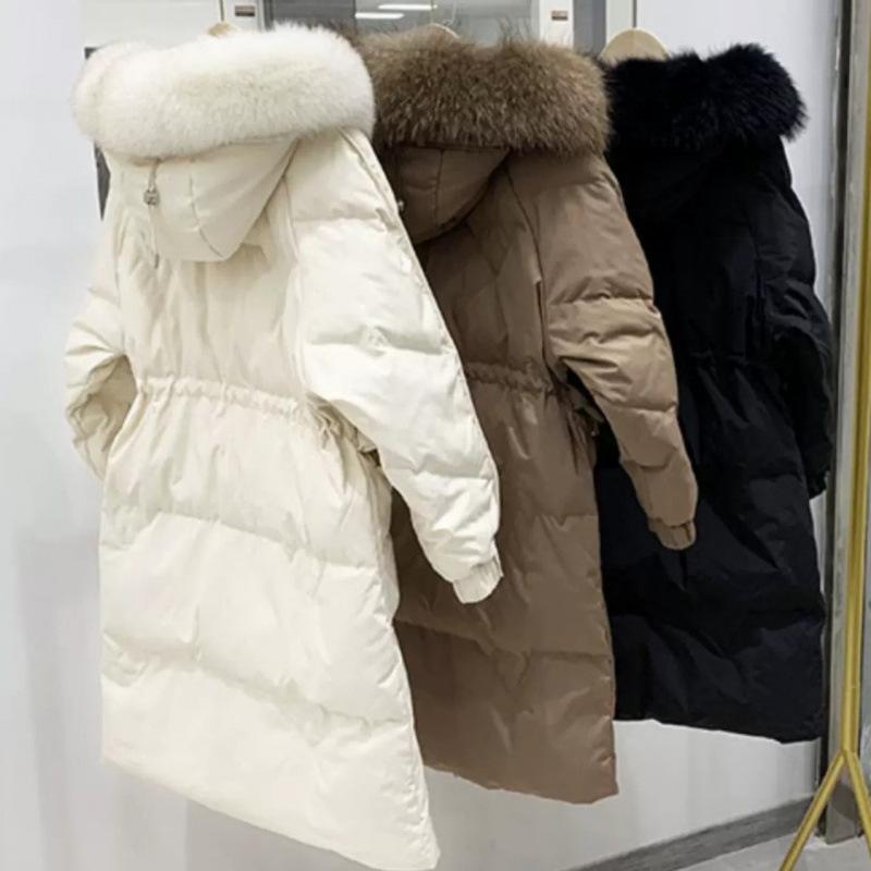 Korean Style Mid-Length Down Coat with Fur Collar and Slim Drawstring