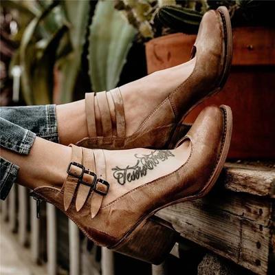Nova personalidade zíper feito estilo antigo sapatos femininos únicos moda grosso com salto alto fivela de cinto botas curtas 34-43