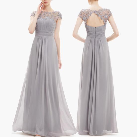 Rochie Lungă de Petrecere cu Dantelă cu Strasuri pentru Femei, cu Mâneci Scurte, Decolteu Adânc la Spate, Croială Slim Fit, Plisată