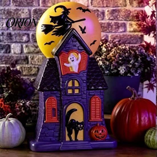 Vintage Style Blow Molded Decor Halloween Haunted House Mold Light, Pre-Lit Mansion with Glowing Witch Lighted Resin Pumpkin Figures Moon Ghost Black