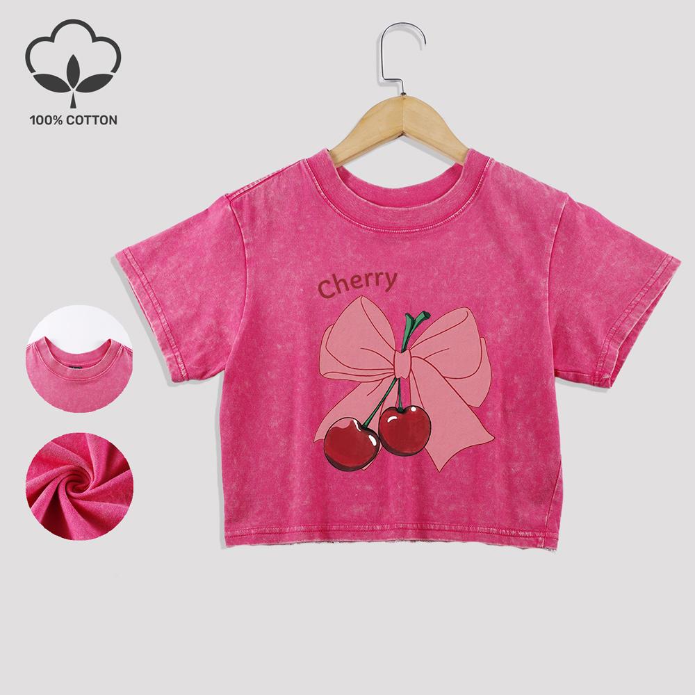 

Bow Cherry Cartoon Printing Cotton Crop Tops Trend Summer Lace Hem Washed T-Shirts O-Neck Distressed Short Sleeve Casual Clothes M