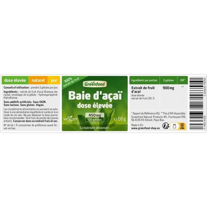 Greenfood baie d’açai, 450 mg, extrait (30:1), 120 gélules- sans additifs artificiels. sans génie génétique. vegan.