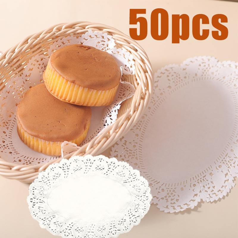 50PCS White Round Lace Mat Cupcake Paper For Fried Food Dessert Cookies Cake Party Wedding Table Decor Pad Kitchen Supplies