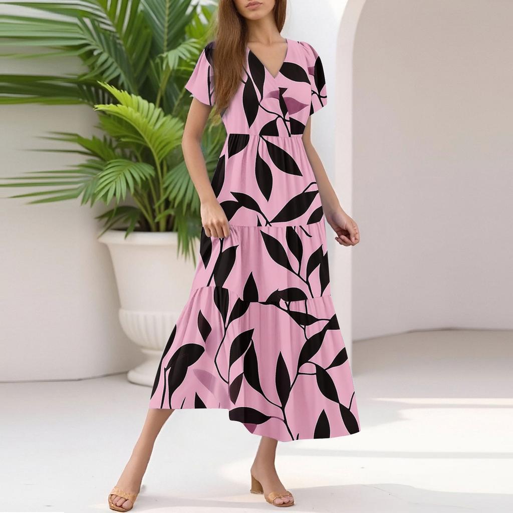 Damen Sommer Casual Mode V-Ausschnitt Rüschenärmel Blumendruck Midi-Kleid