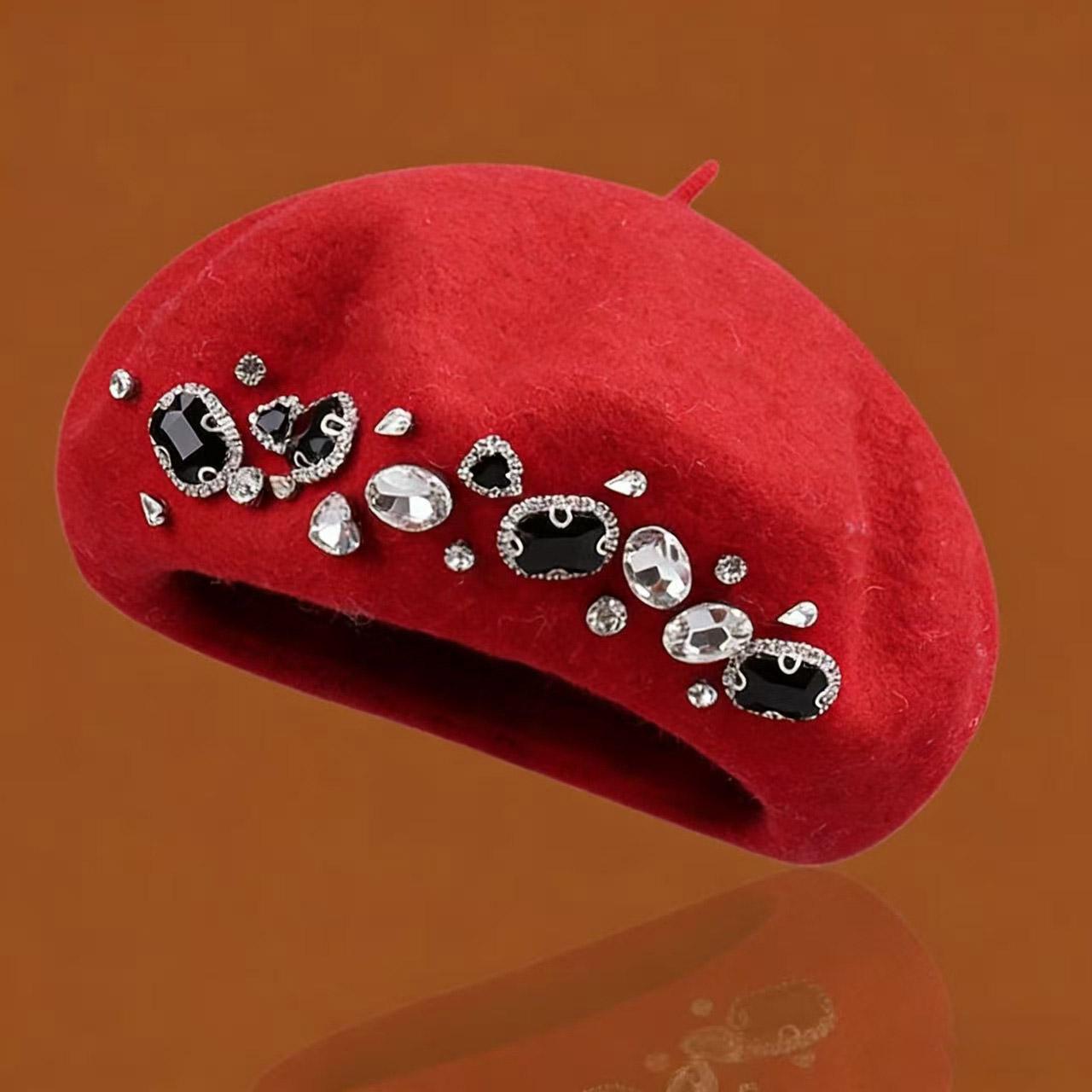 

Autumn And Winter Artistic Solid Color Diamond Inlaid Fashionable Wool Beret Women s Outdoor Fashionable Versatile Painter Hats ярко-красный