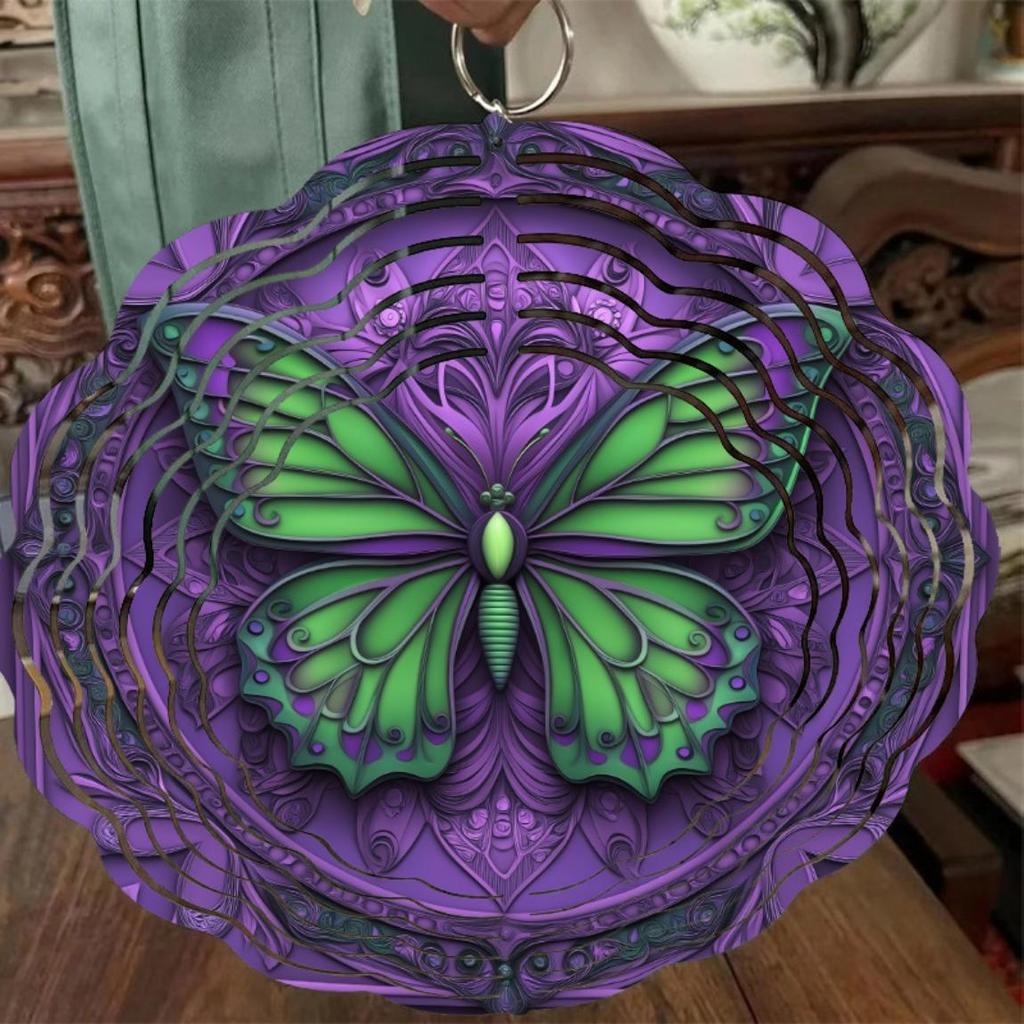 Vibrant 10 Inch Mandala Wind Chime with Swirling Butterflies Purple Green Metal Garden Decor Outdoor Art Gift for Family Friends