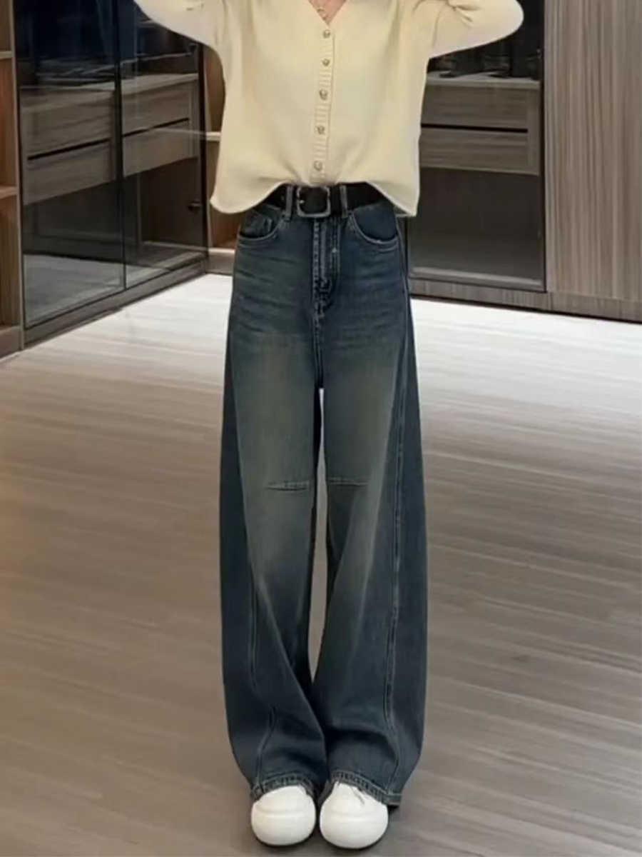 

Осень/Зима Джинсы больших размеров с высокой талией и широкими штанинами для женщин с фигурой «груша» 2XL