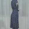 Women Spring Summer Short Sleeve Flower Print Lace Up Pleated Midi Dress Green Blue