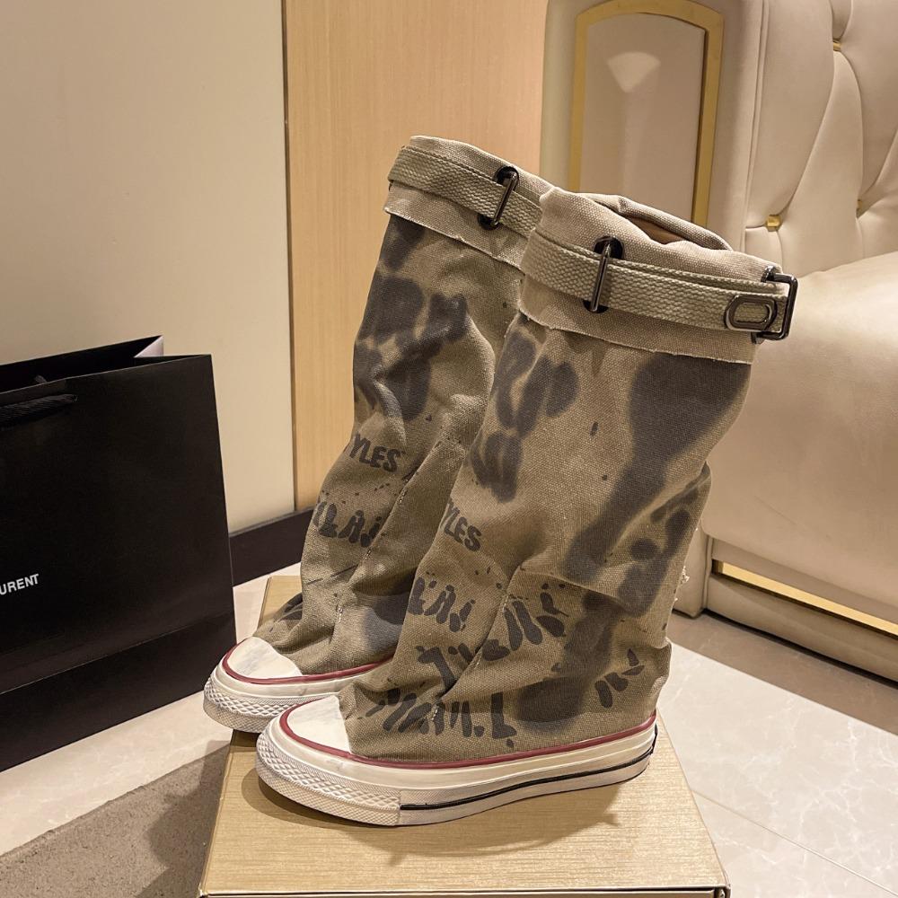 2025 Women's Canvas Trouser Leg Boots with Letter Graffiti - Pleated Slouchy Boots Unique Design