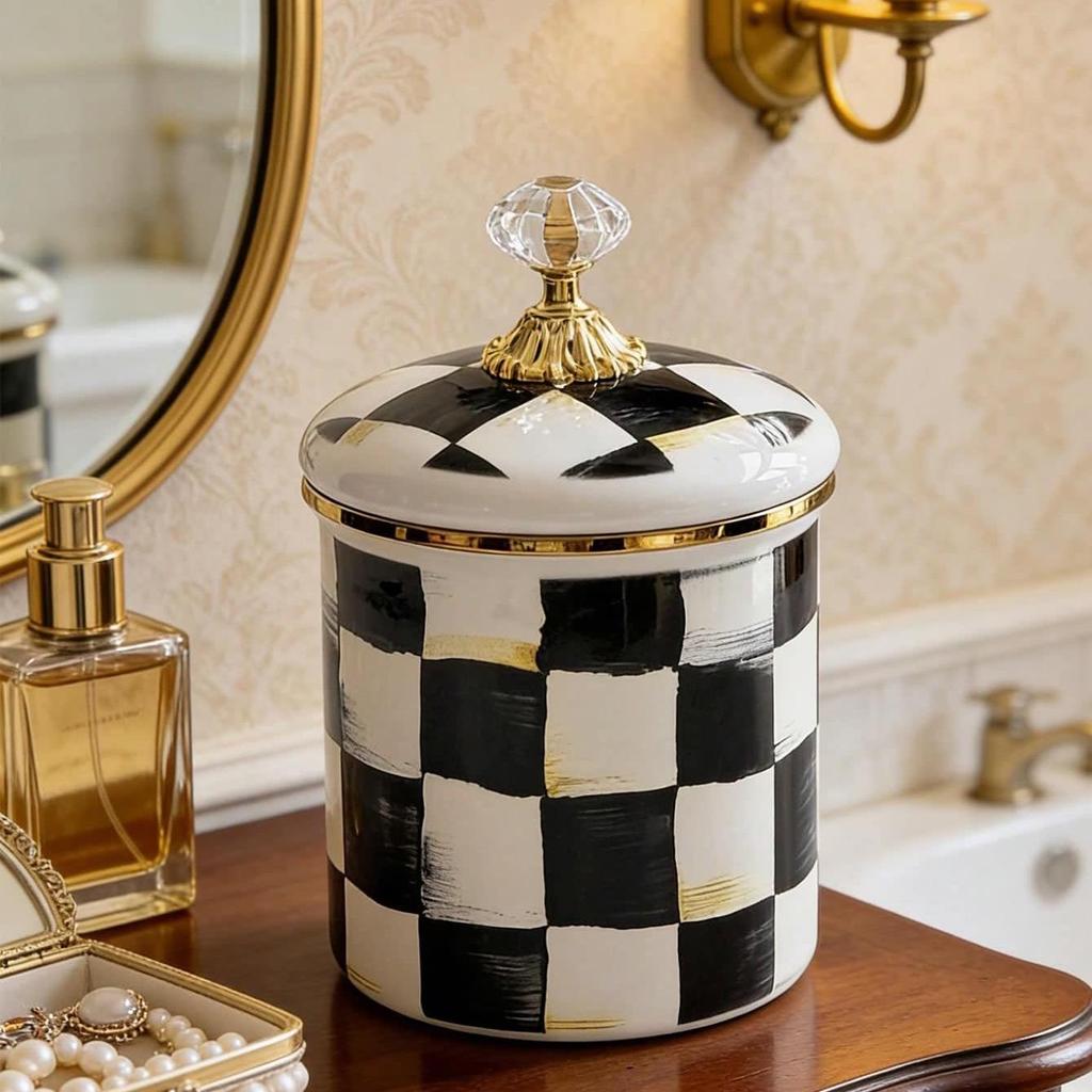 Checkered Black & White Enamel Kettle with Diamond Lid, Wooden Handle, Angled Spout, 2L Capacity - Classic All-Season Teapot