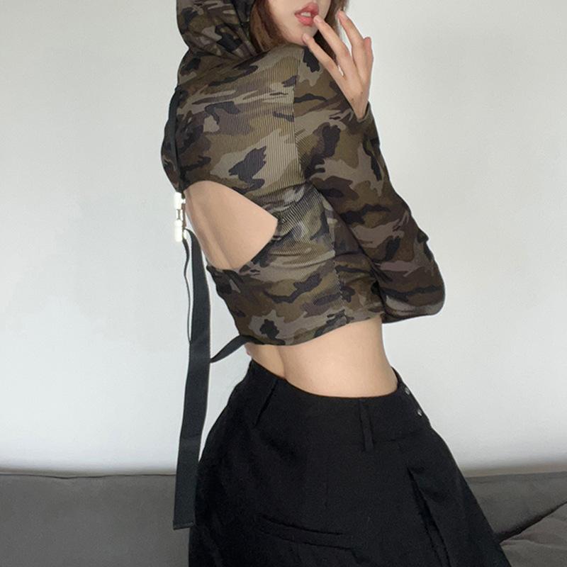Felpe con cappuccio da donna Camicia con stampa mimetica Camicetta a maniche lunghe Camicetta corta Felpa casual