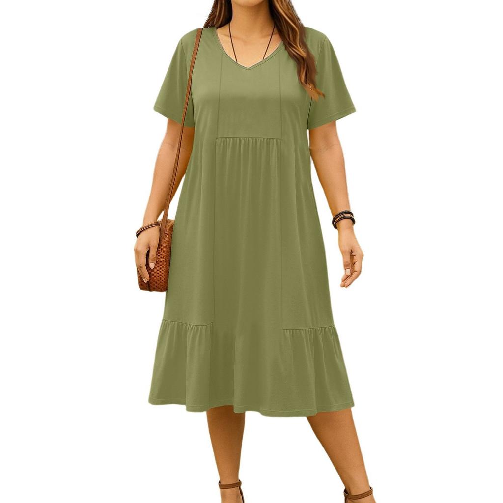 Women's vintage pleated V-neck dress in solid color