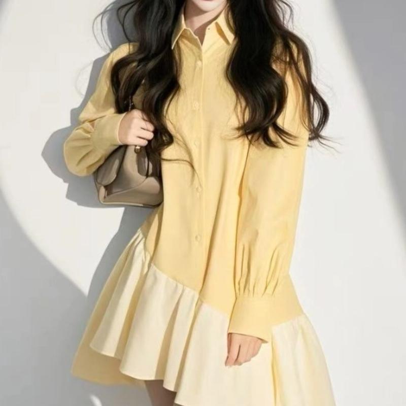 Irregular Design Lazy Style Yellow Patchwork Dress 2025 Spring Popular Temperament Skirt