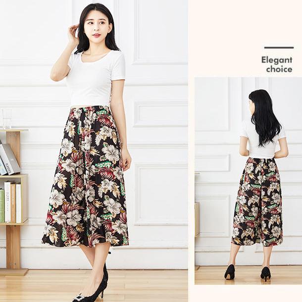 WTEMPO Kadın İlkbahar Yaz Sonbahar Büyük Beden Elastik Yüksek Bel Geniş Paça Pantolon Bol Rahat Çiçek Baskılı İnce Kırpılmış Pantolon