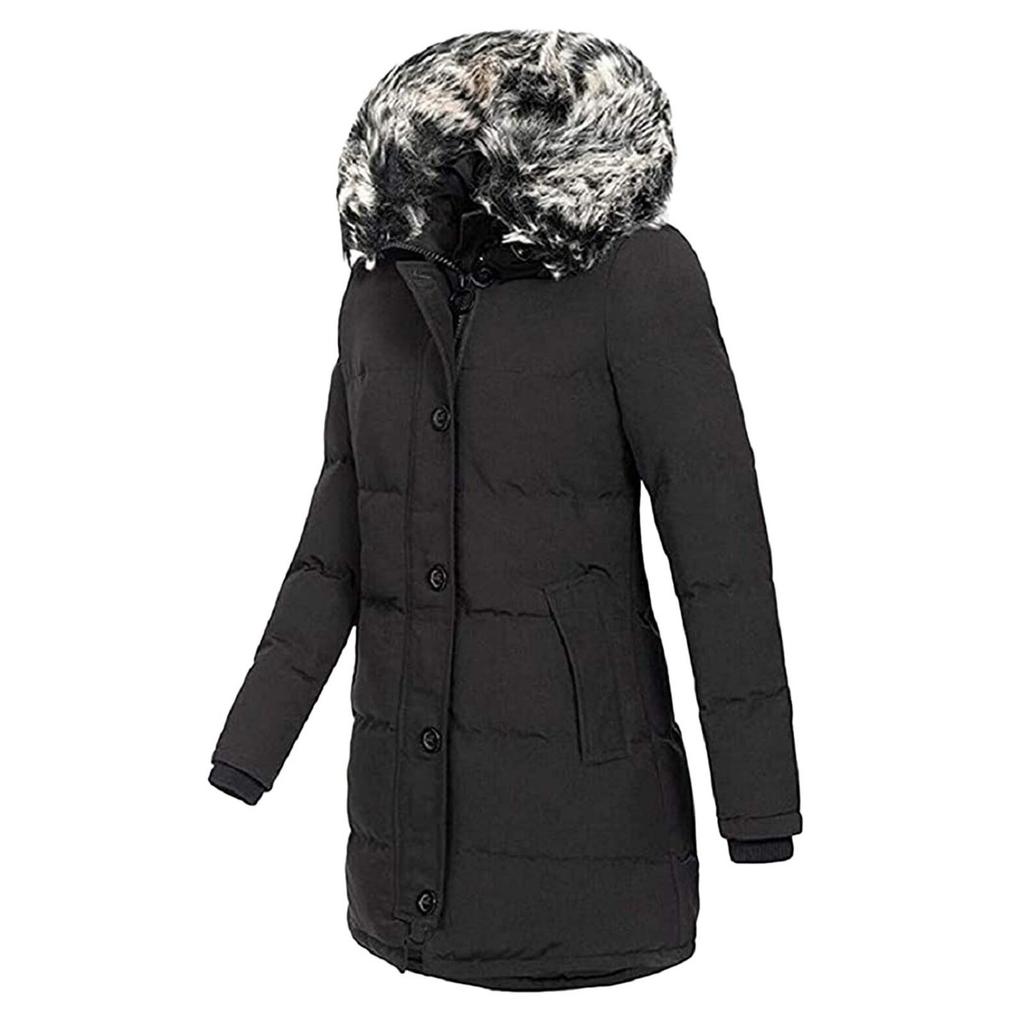 Parka Caldo Invernale da Donna a Maniche Lunghe con Cappuccio e Zip, Colore Solido, Lunghezza Media, in Cotone