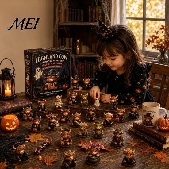 Highland Cow Advent Calendar Halloween Calendar, 24 Days Countdown Box Desk Decorations with 24Pcs Figurines, Spooky
