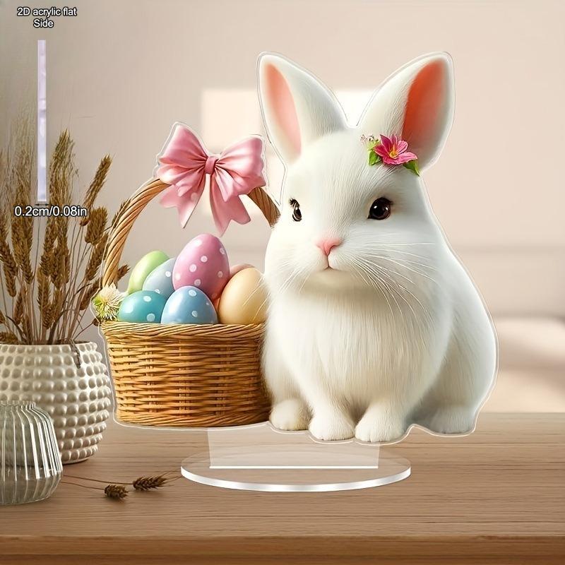 2D Flat Acrylic Cute Rabbit Holding Flower Basket Decoration, Indoor and Outdoor Decoration - No Battery/electricity Required, Free Day Decoration, S