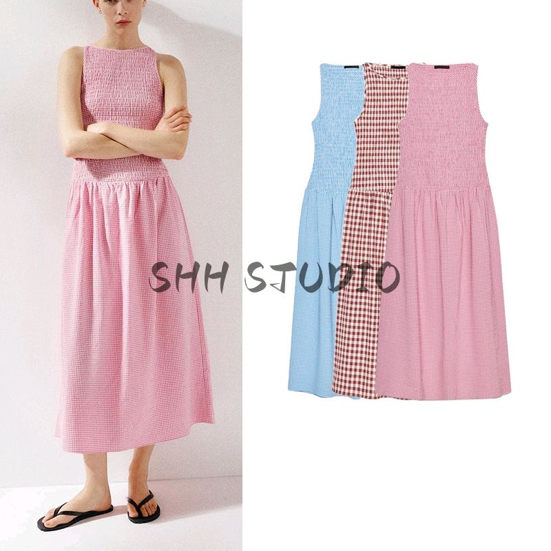 Summer New Women clothes Honeycomb Format Elastic round Neck Sleeveless Midi Dress 3067329 3067229