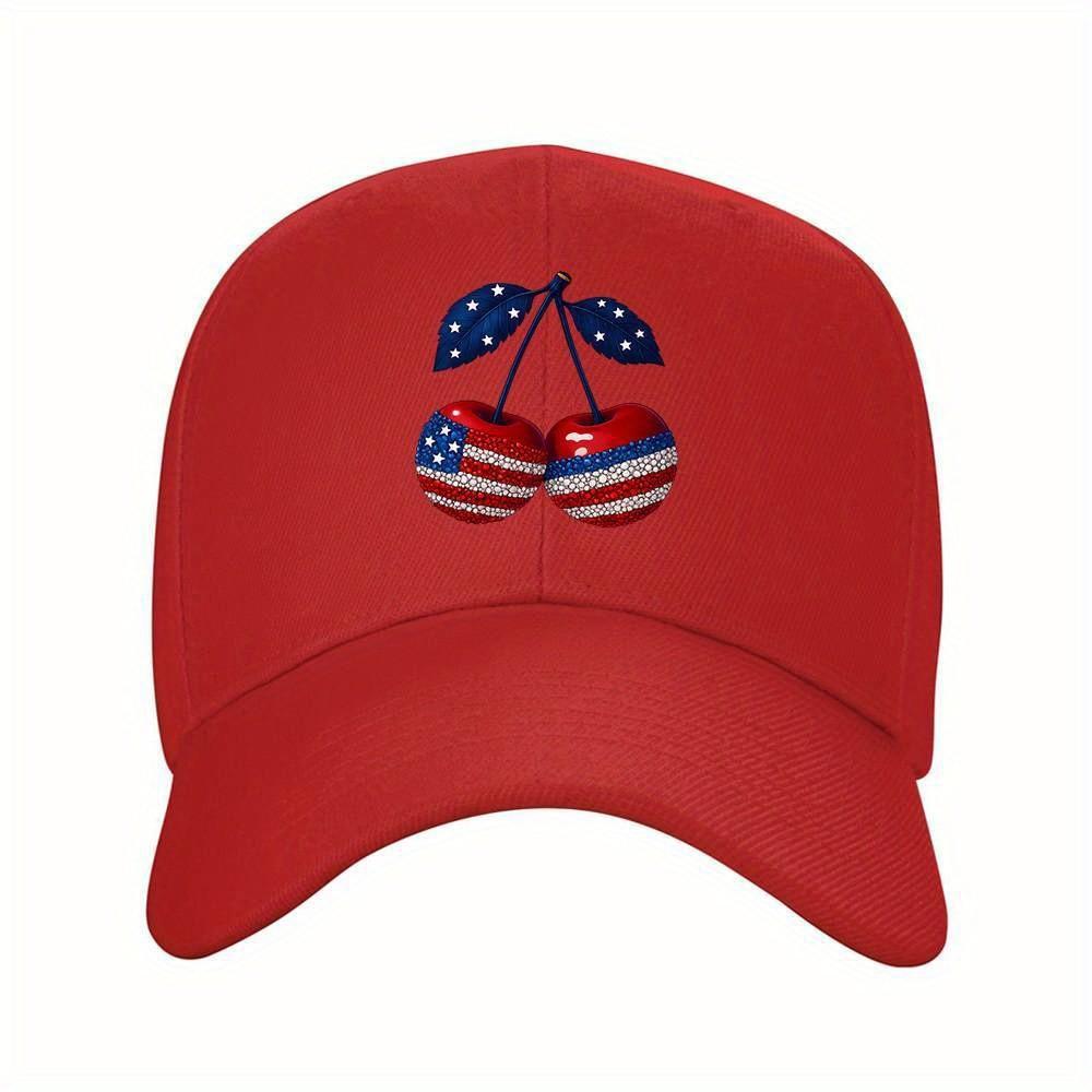 Bling American Flag Cherries Baseball Cap Patriotic Rhinestone Sports Hat Adjustable Travel Cap One Size