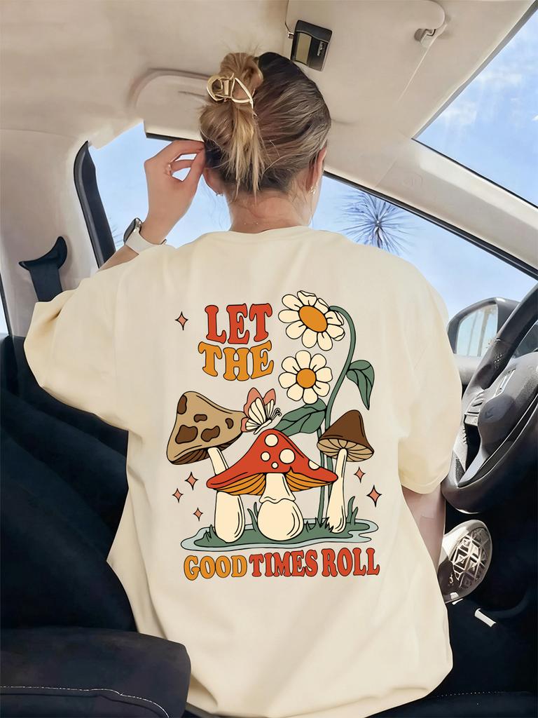 Mushroom Let The Good Thing Printing T-Shirts Women Basics Loose Short Sleeve Tops O-Neck Soft T Shirts Summer Womans Clothes