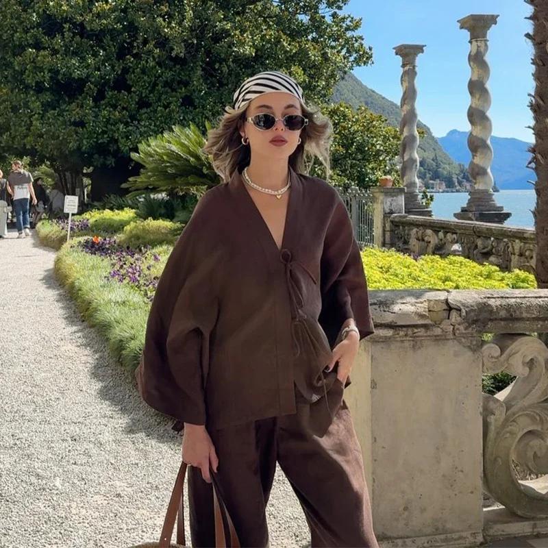 Causal Oversized Solid Pant Suit Women Single Button Long Sleeve V-neck Shirt Set Summer Casual Lady Streetwear