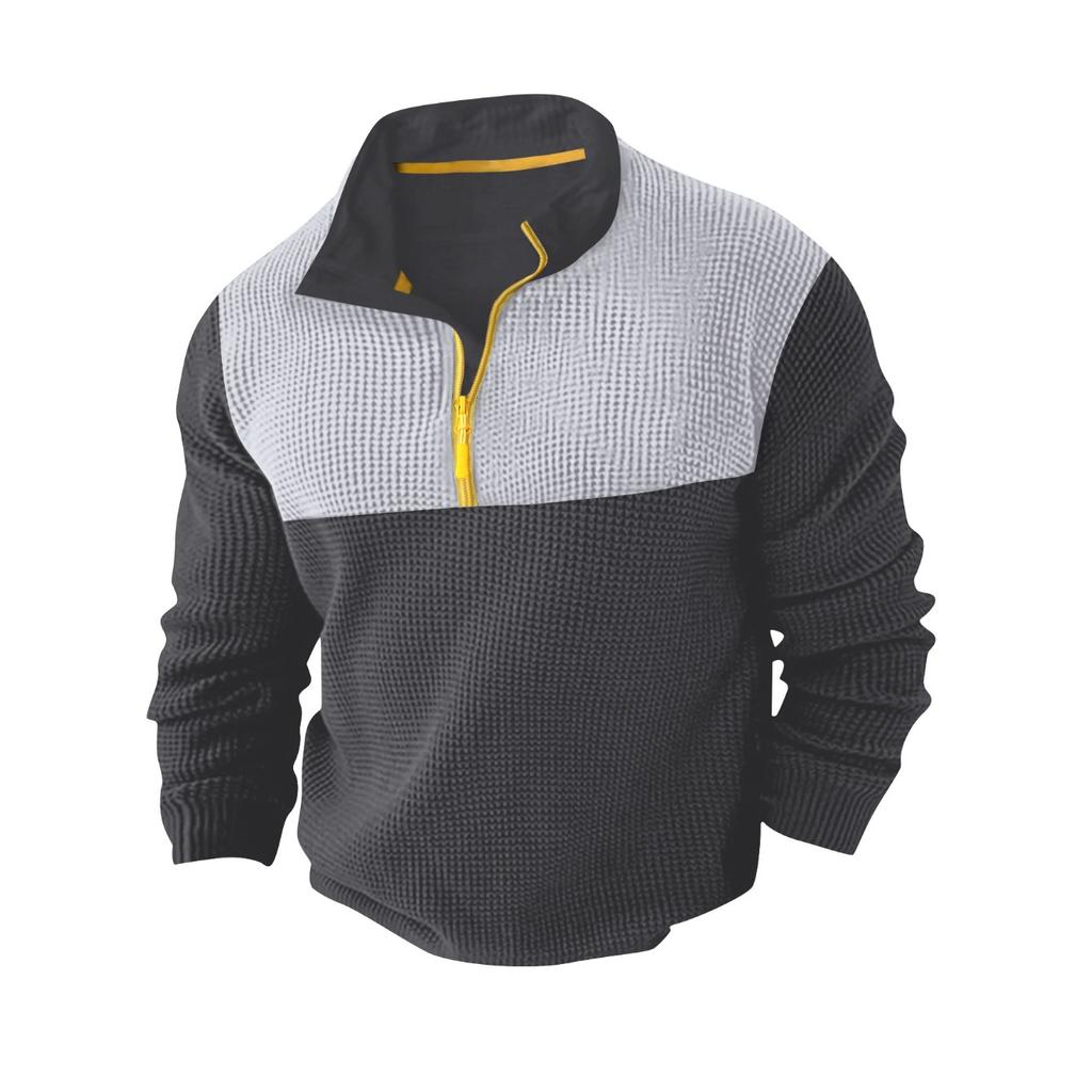 Spring and Autumn Leisure Sports Long Sleeve High Collar Top Color Blocking Half - Zip Waffle Knit Pullover Men’s T-Shirts