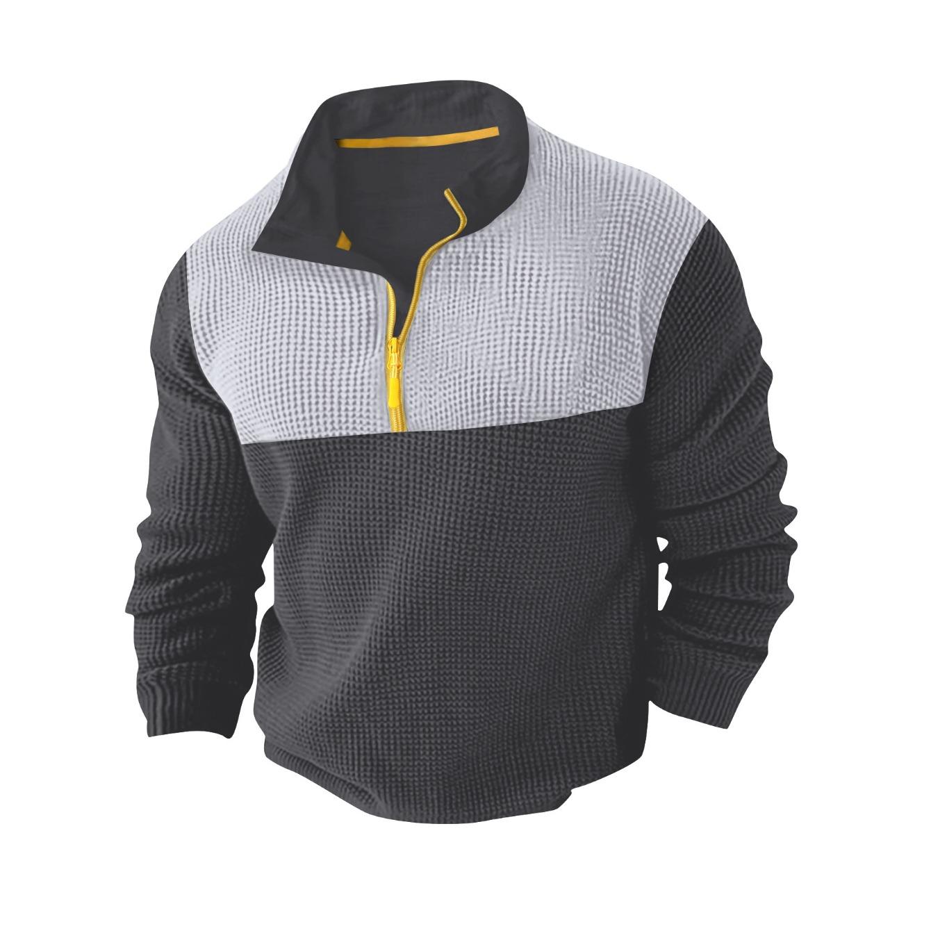 

Spring and Autumn Leisure Sports Long Sleeve High Collar Top Color Blocking Half - Zip Waffle Knit Pullover Men’s T-Shirts XXL темно-серого