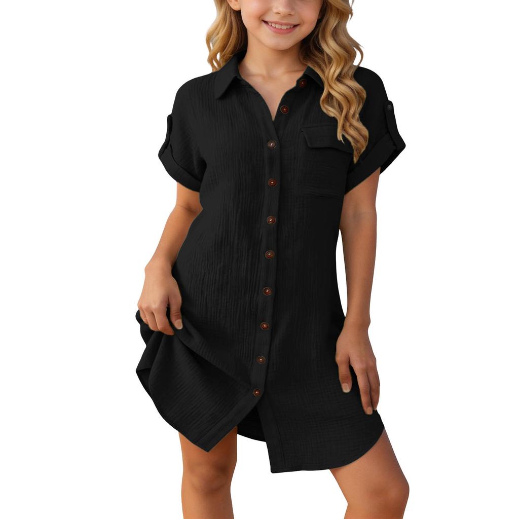 Girls Casual Short Sleeve Shirt Dress Loose Fit Button Down Collared Dress Lightweight Summer Dress for Kids