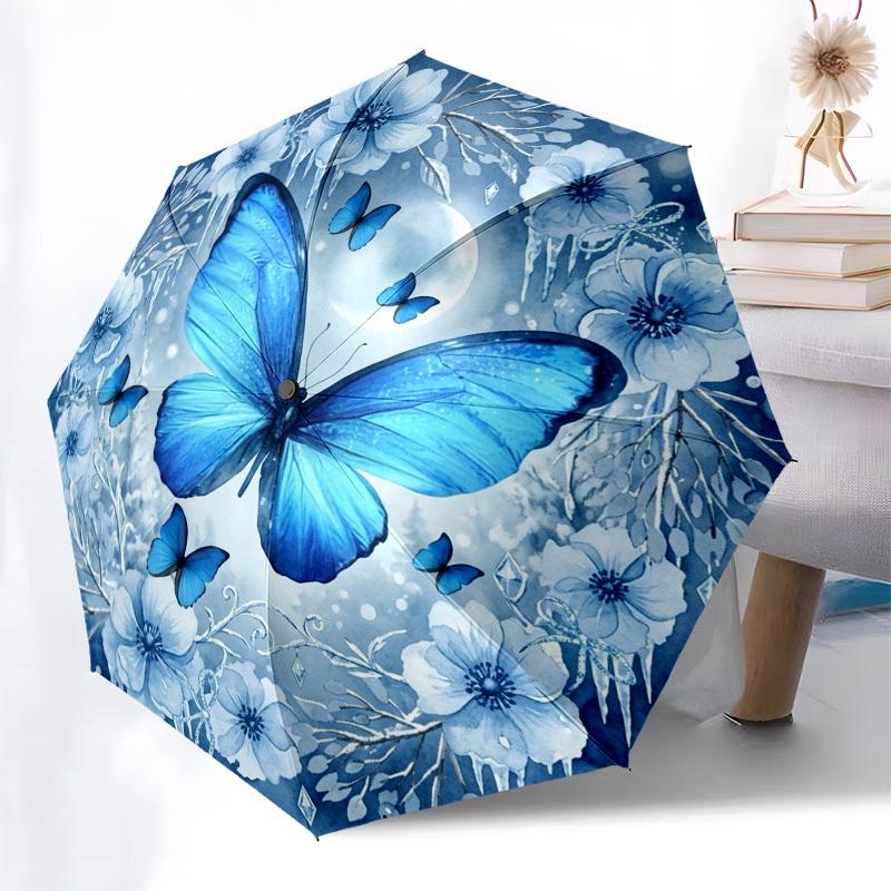 1pc Blue Butterfly Winter Flowers Umbrella with Plastic Handle,Compact & Stylish,Suitable for All Seasons YS331098