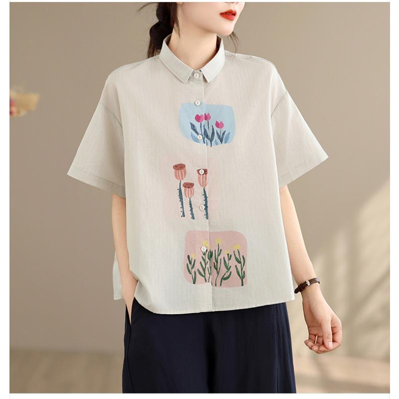 DIMANAF 2026 Women Plus Size New Summer Blouse Shirt Short Sleeve Casual Loose Print Lady Tops Shirts Cotton