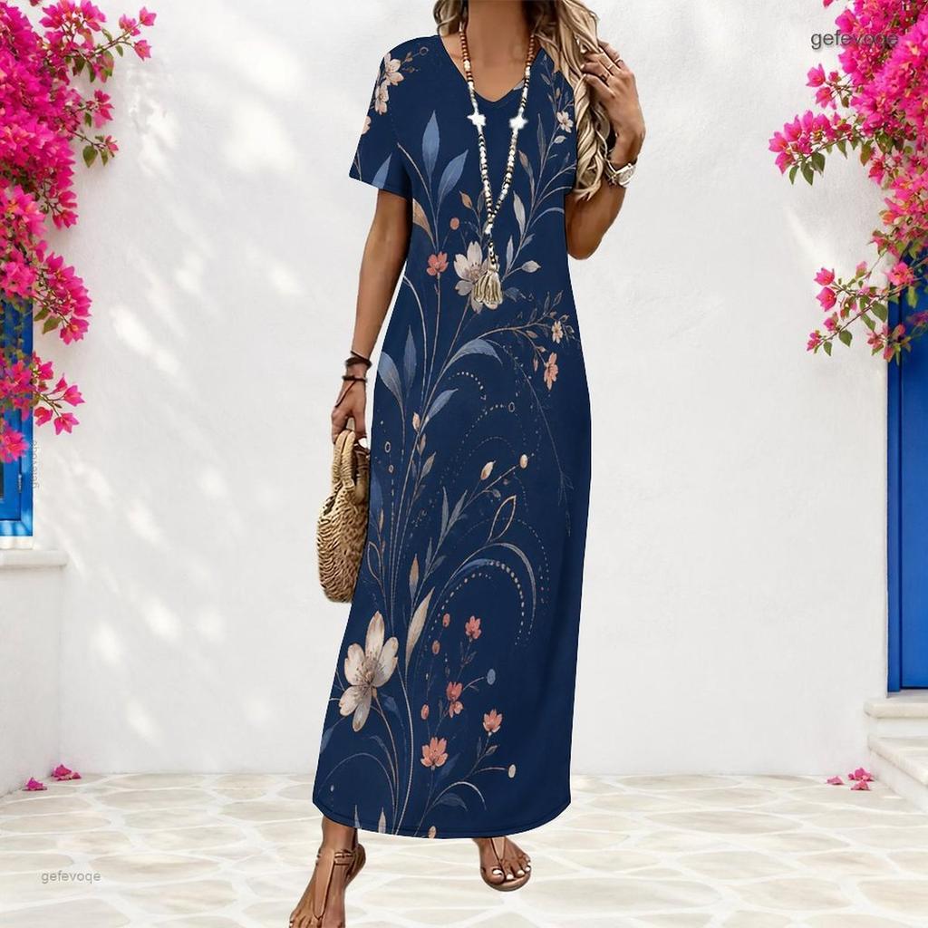 Women Plus Size V Neck Short Sleeve Floral Printed Straight Long Dress