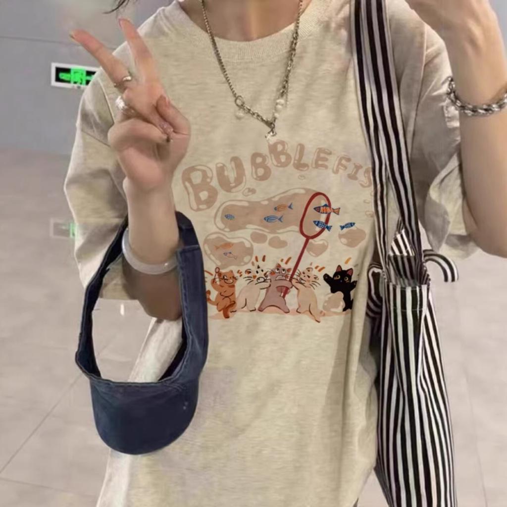American cartoon cotton short-sleeved T-shirt women's summer new loose fat mm large size student half-sleeved top ins
