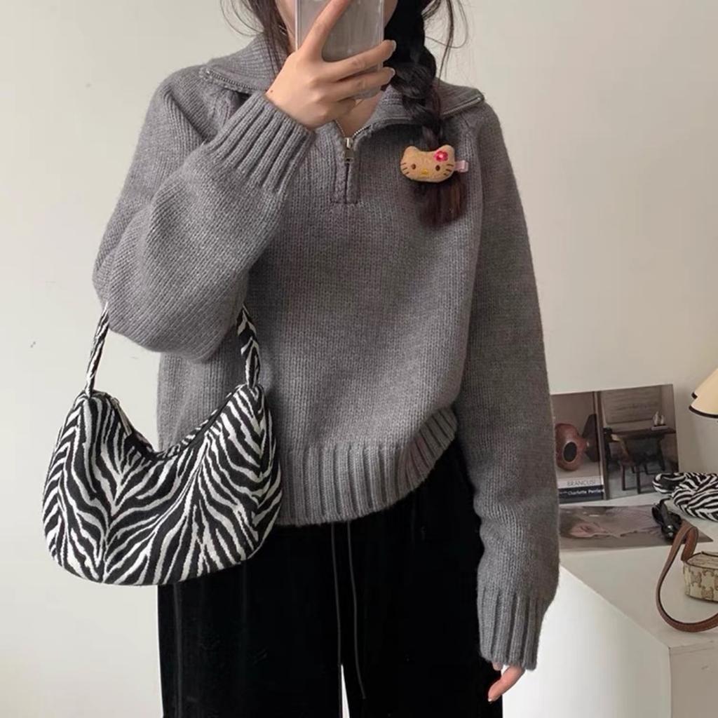 Autumn Winter Long Sleeved Half Zipper Pullover Sweater Turtleneck Fashion Elegant Office Sweet Lapel Loose Tops Casual Knitted Korean Simple Clothing