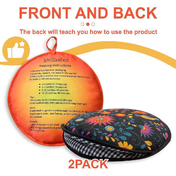2 PACK Large Tortilla Warmers, Premium ulated Fabric Pouch Keeps Tacos, Naan, Pizza & Flour Tortillas Cozily Warm, Microwavable & Classic, Ideal for